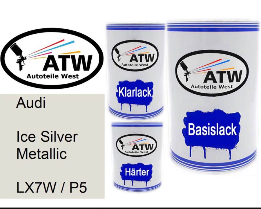 Audi, Ice Silver Metallic, LX7W / P5: 500ml Lackdose + 500ml Klarlack + 250ml Härter - Set, von ATW Autoteile West.